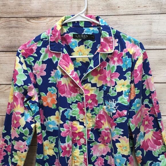 LAUREN RALPH LAUREN TWO PIECE PAJAMA SET IN BLUE FLORAL PRINT - Picture 9 of 12